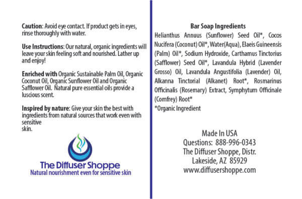 A back and front of the diffuser shoppe 's soap ingredients.
