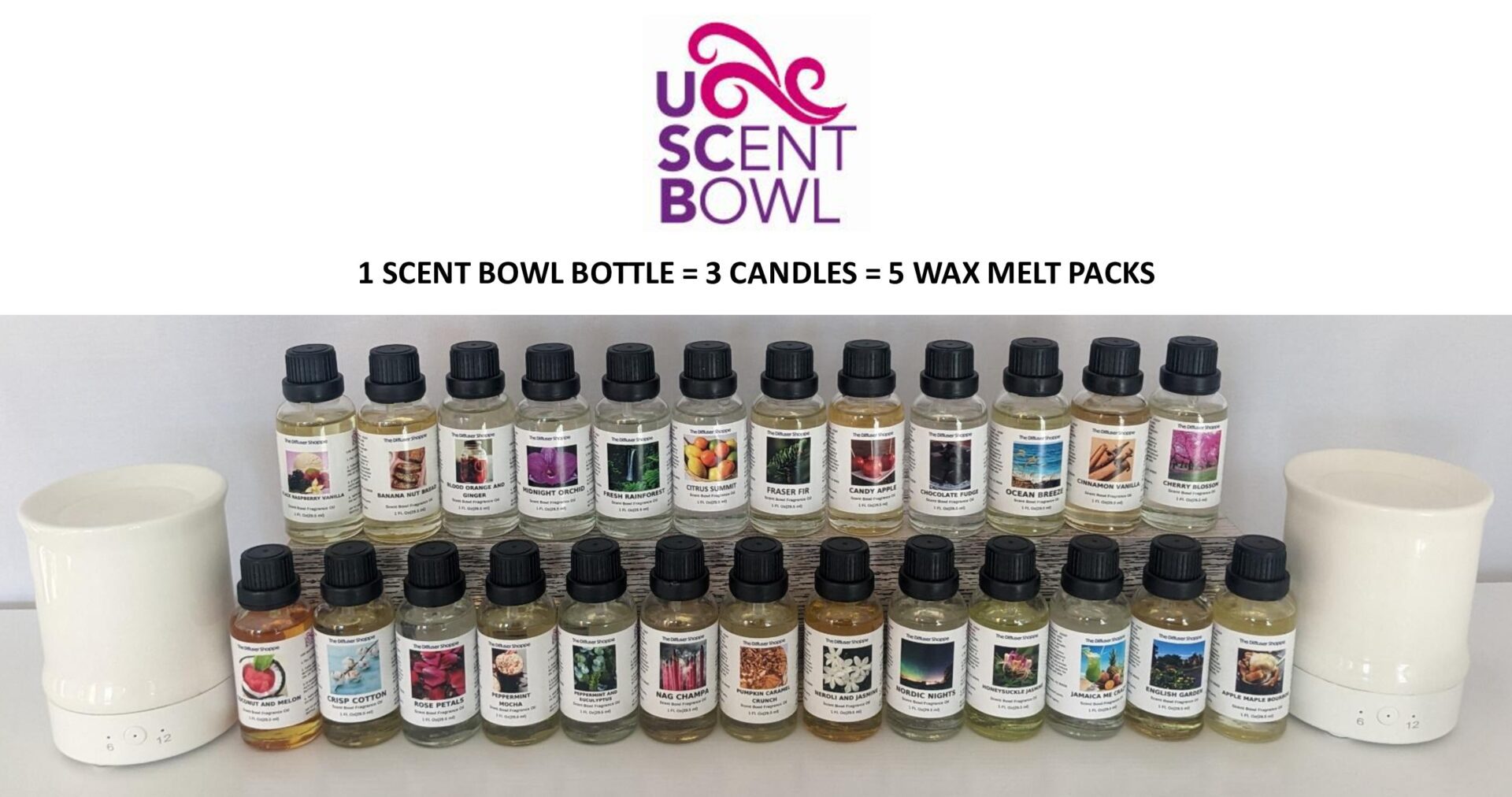 A bunch of different candles and wax melts in bottles