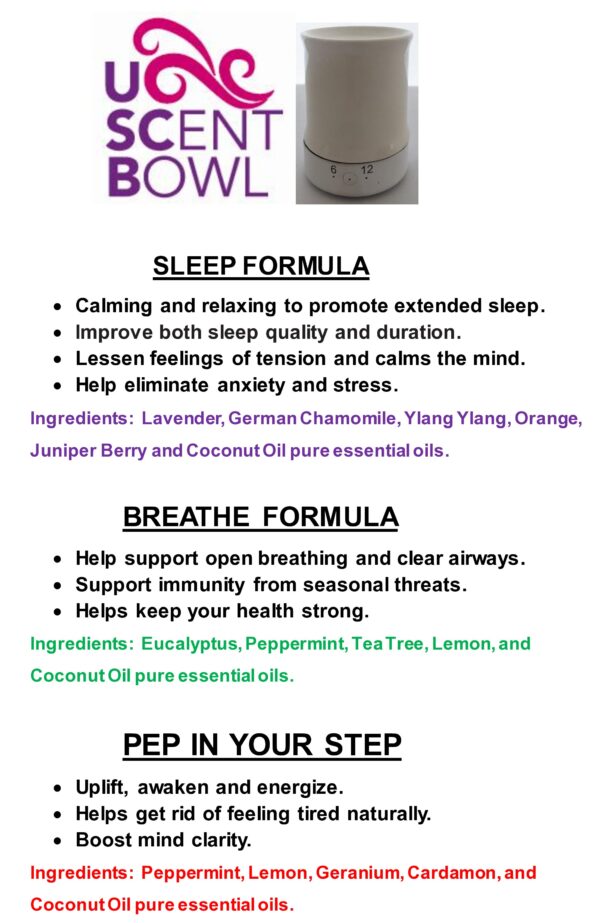 A bowl of essential oils is shown with the instructions for use.