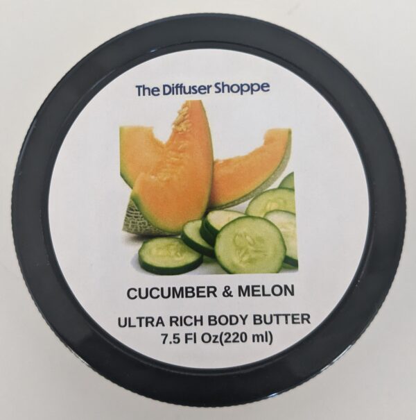 A container of body butter with cucumber and melon.