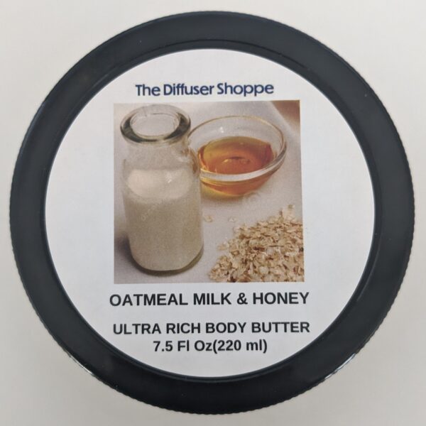 A jar of oatmeal milk and honey body butter.