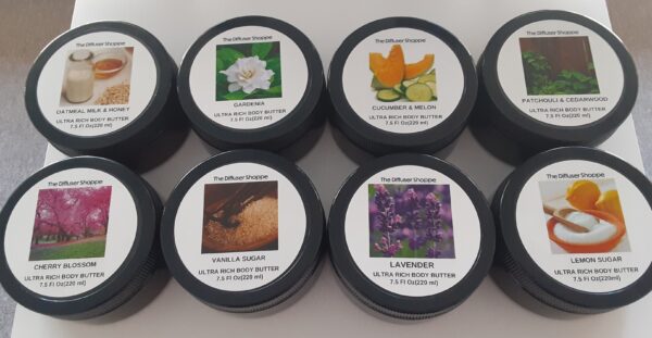 A group of eight different scents of candles.